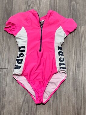 Pink Short-Sleeve One-Piece Swimsuit with Front Zip